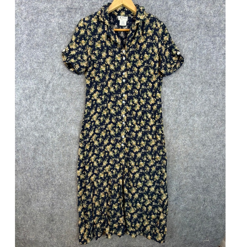 Vintage K Petite Maxi Dress Women 6P Navy Blue Floral Dark Romantic Button Front
